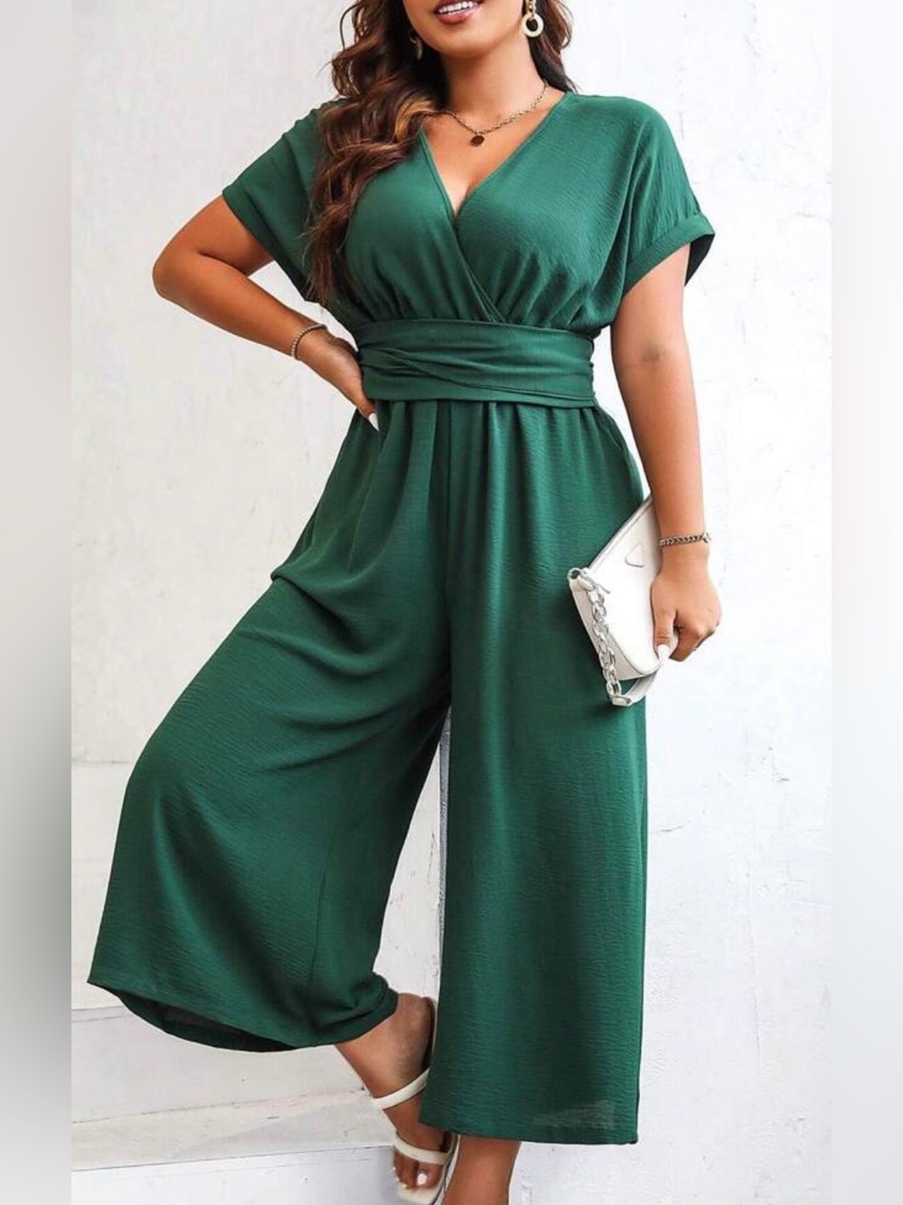 SHEIN Emerald Green V-Neck Wrap Wide-Leg Jumpsuit